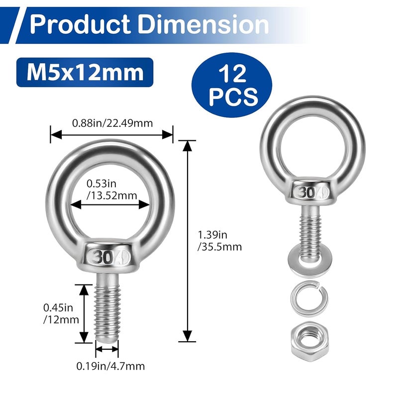 MroMax 12 Pack M5 Lifting Eye Bolts, 0.45"(12mm) Long Ring Threaded Eyebolts, Stainless Steel Lifting Shoulder Eye Bolts with Nuts and Washers, for Rigging, Anchoring, Pulling or Hoisting Objects - Image 3